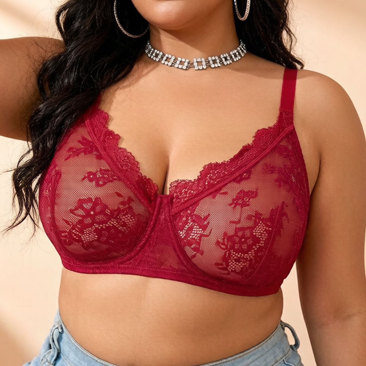 Women Plus Size Red Lace Sheer - Sheer Mesh Bra 리뷰 및 가격