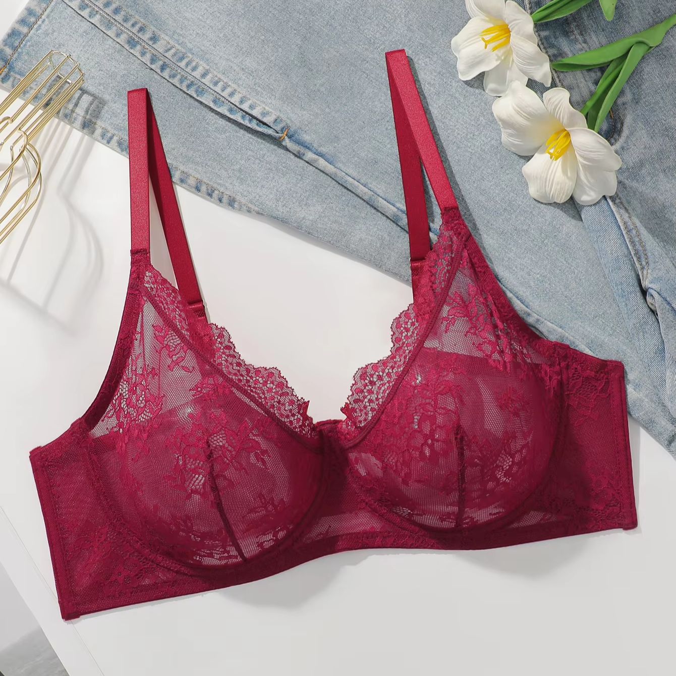 Women Plus Size Red Lace Sheer - Sheer Mesh Bra 리뷰 및 가격